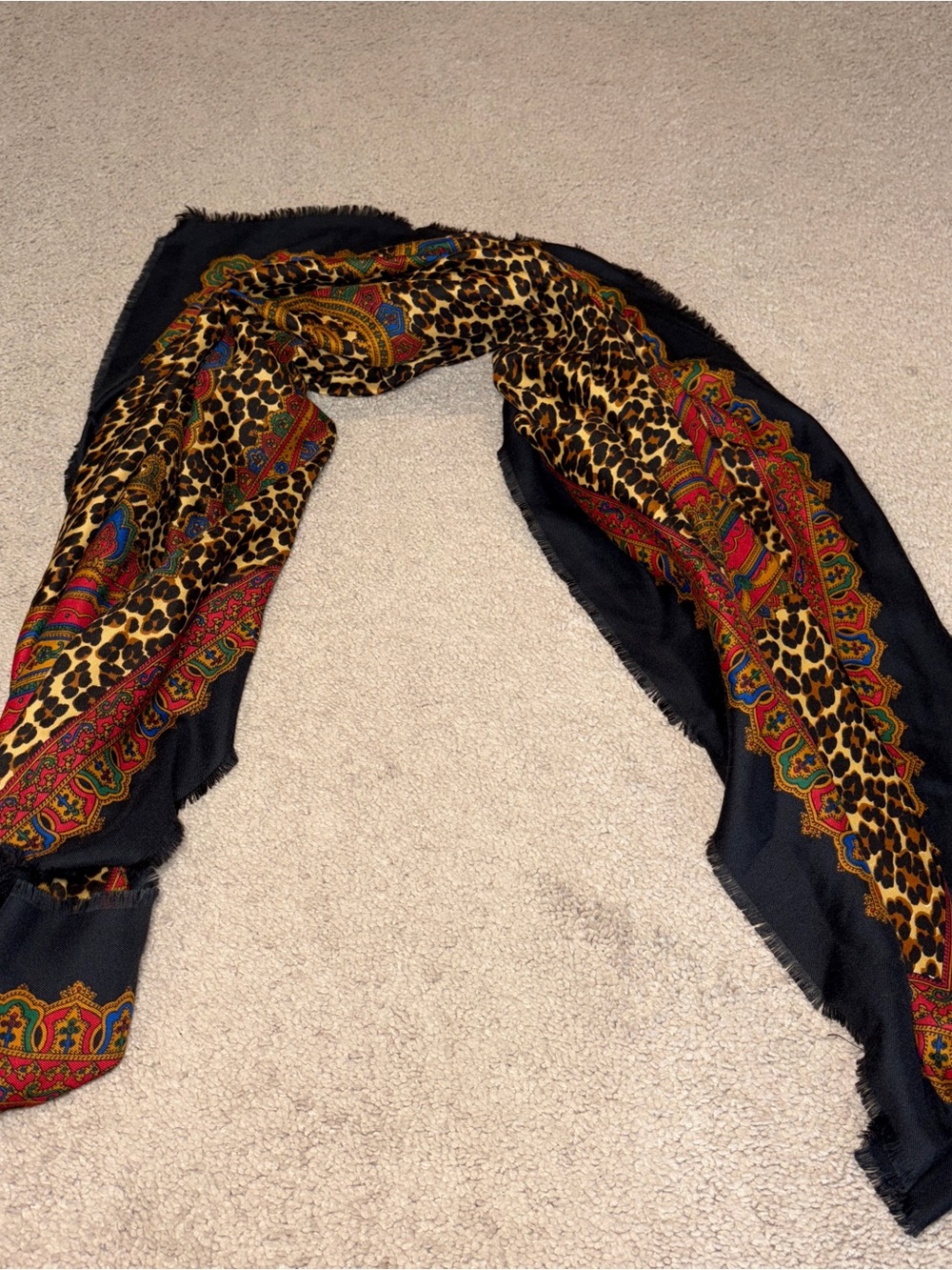 Leopard Print Border Scarf with Black Base